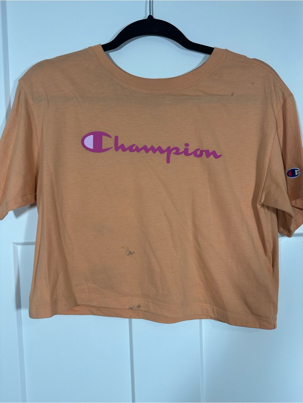 Champion Peach Crop Tee with Pink Logo